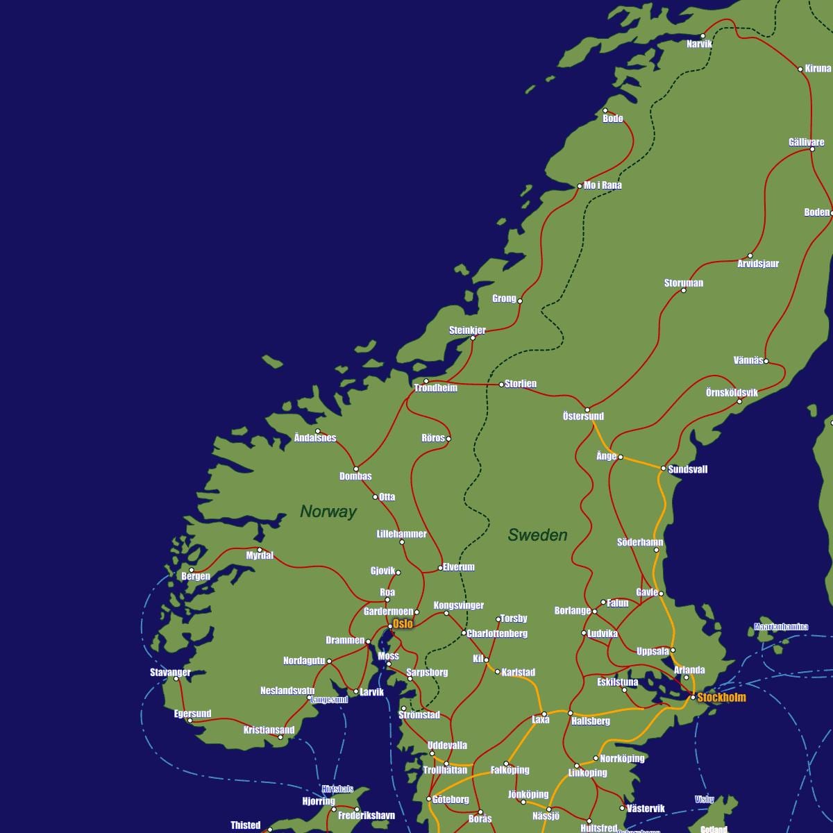 Mapa de Noruega vies de tren