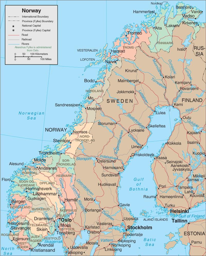 Mapa de Noruega cascades