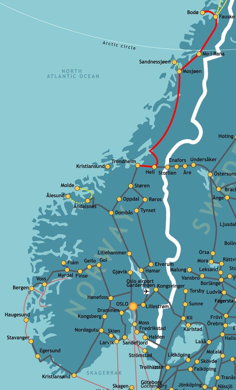 Mapa de Noruega del nord ferroviària