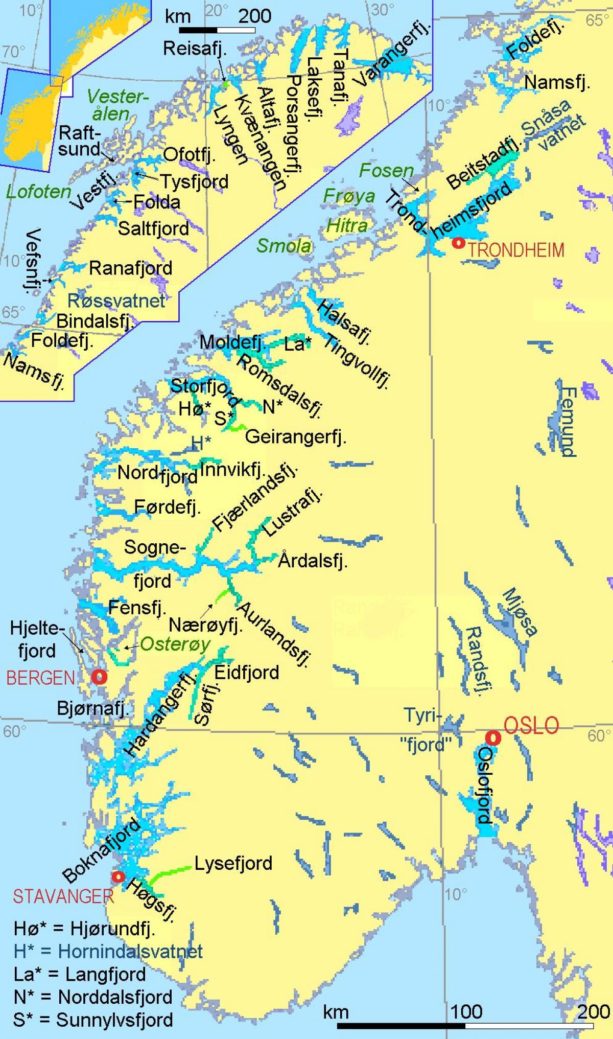 mapa de Noruega mostrant fiords
