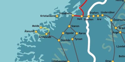 Mapa de Noruega del nord ferroviària